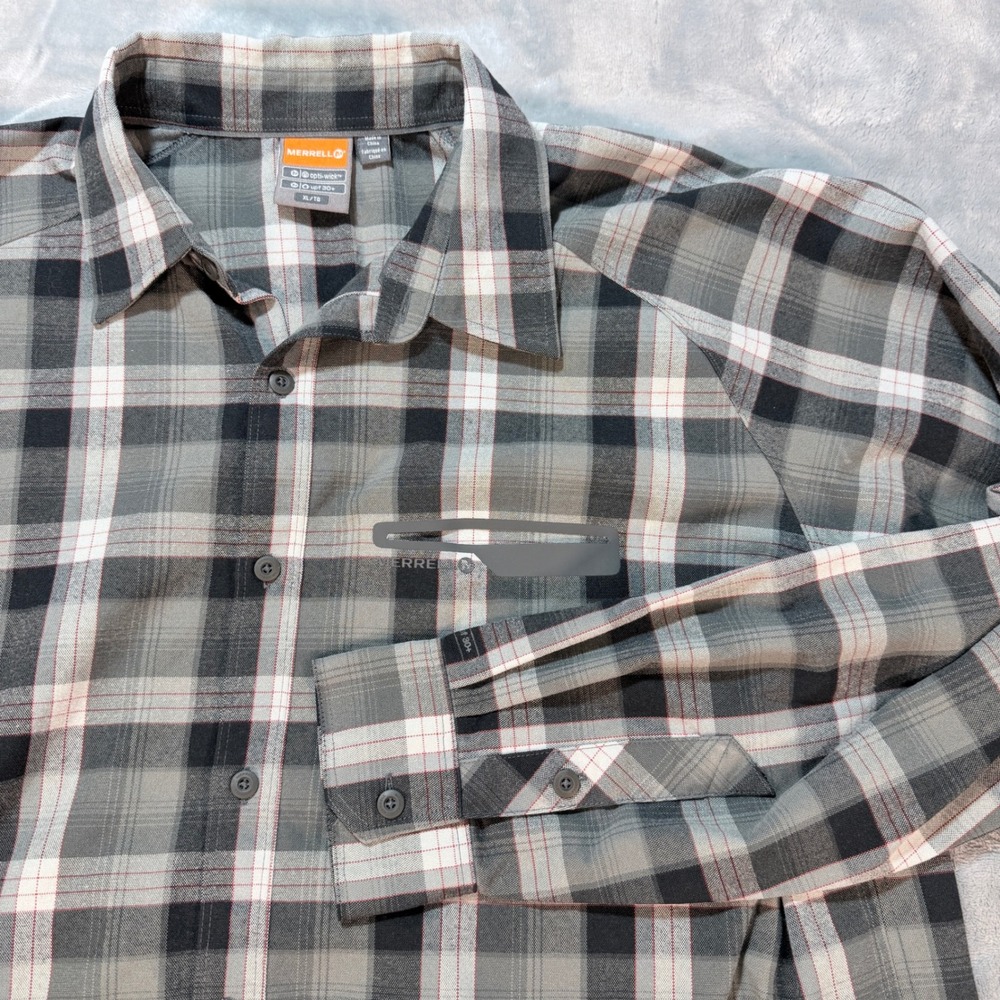 Merrell Plaid Long Sleeve Button‎ Up Hiking Shirt XL Opti-Wick UPF 30+ Outdoor